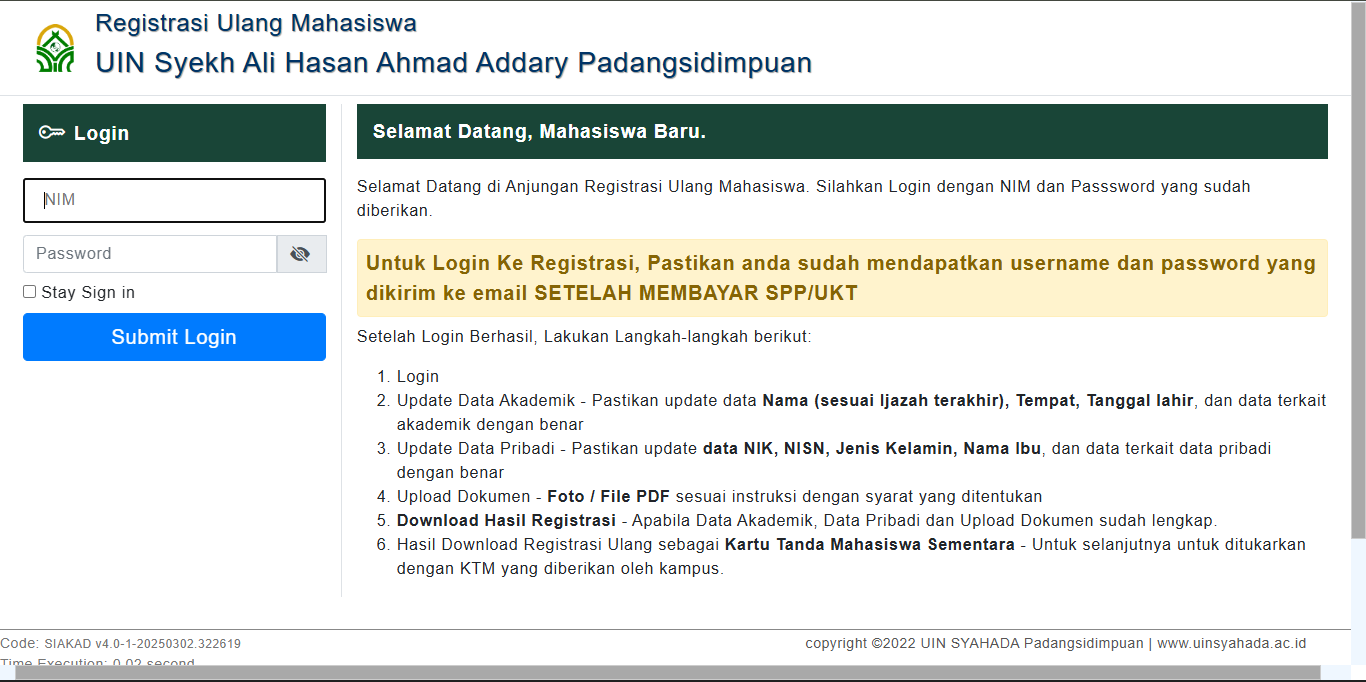 Tampilan Registrasi Ulang Mahasiswa Baru