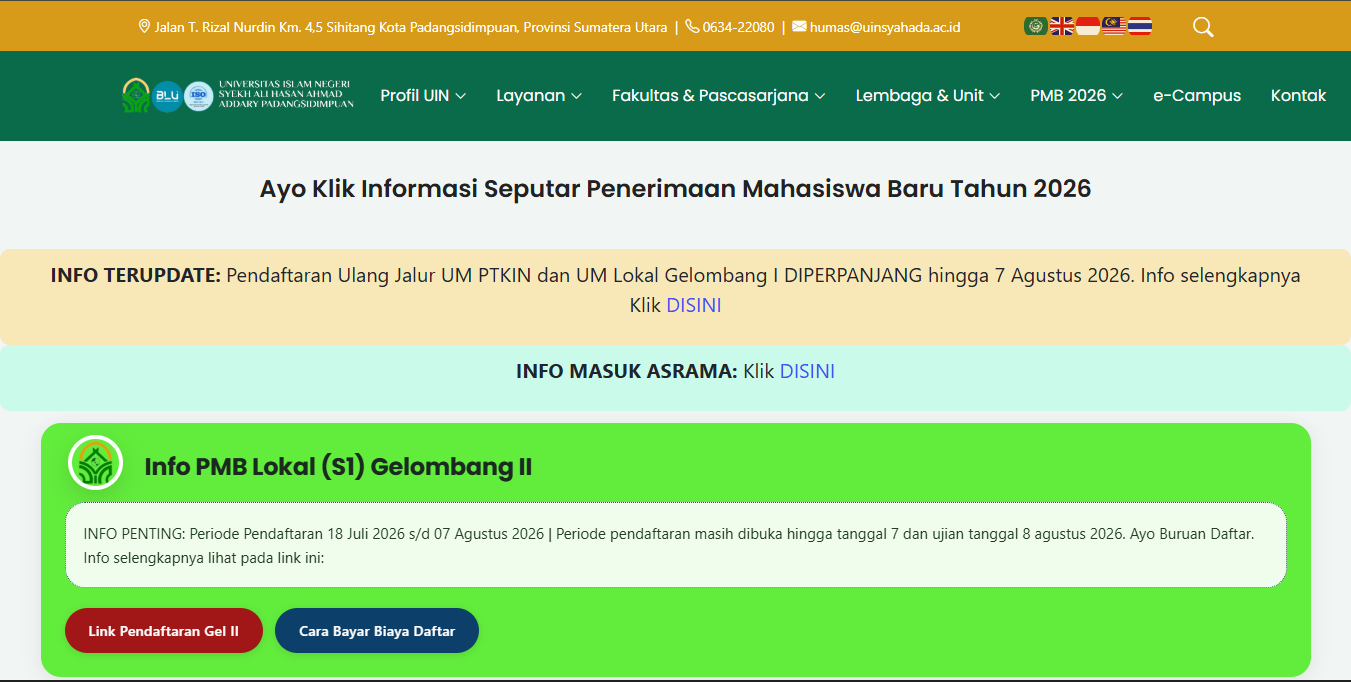 Tampilan Website Utama UIN SYAHADA