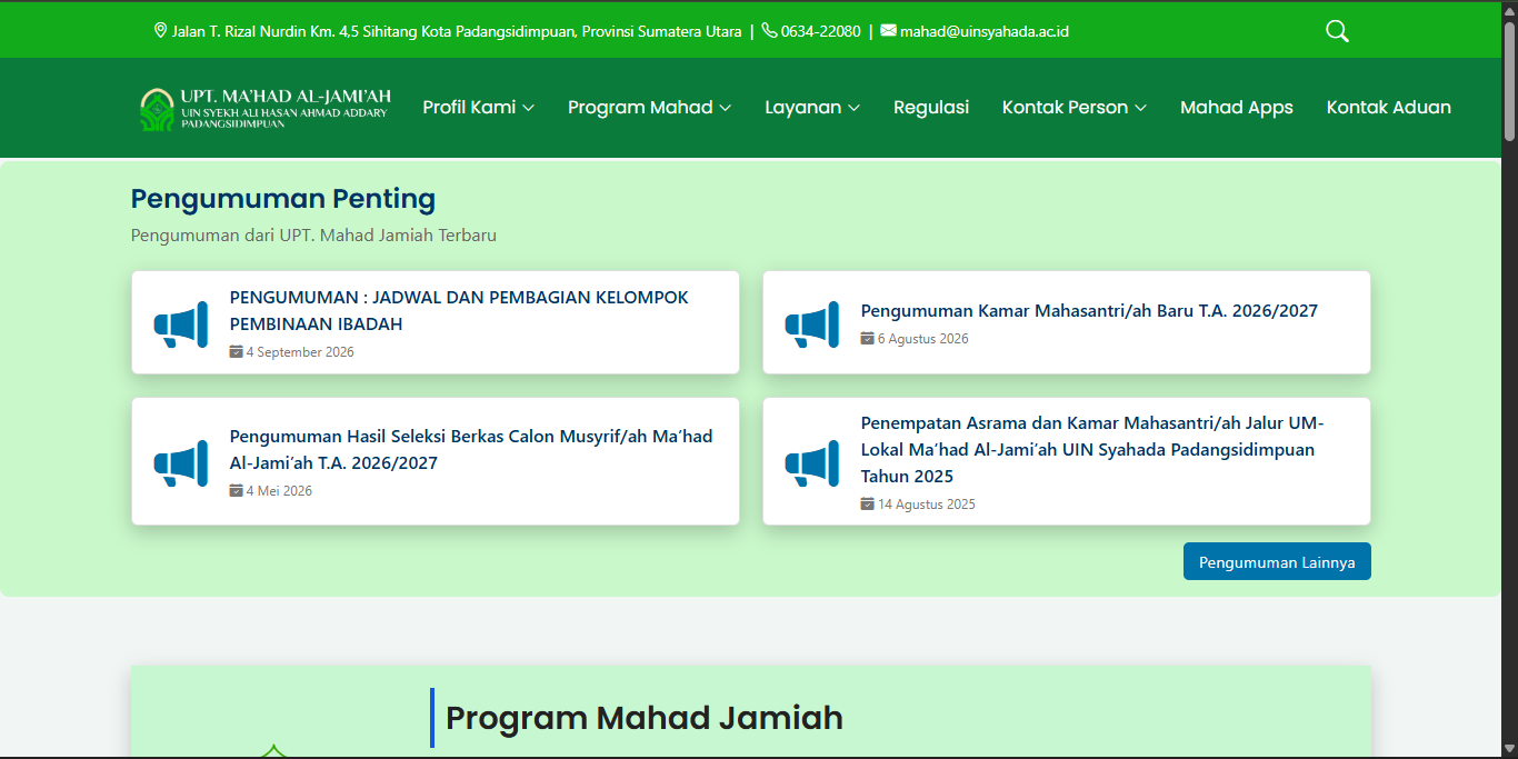 Tampilan Website Unit Ma'had Al jami'ah